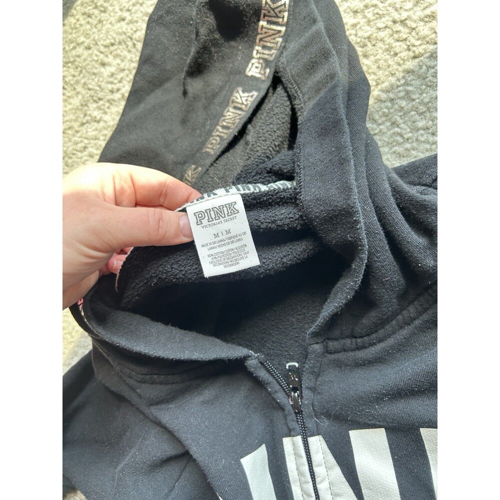 Pink Victoria Secret Women’s Black & White Zip Up Hoodie Sweatshirt Size MED - Picture 4 of 5